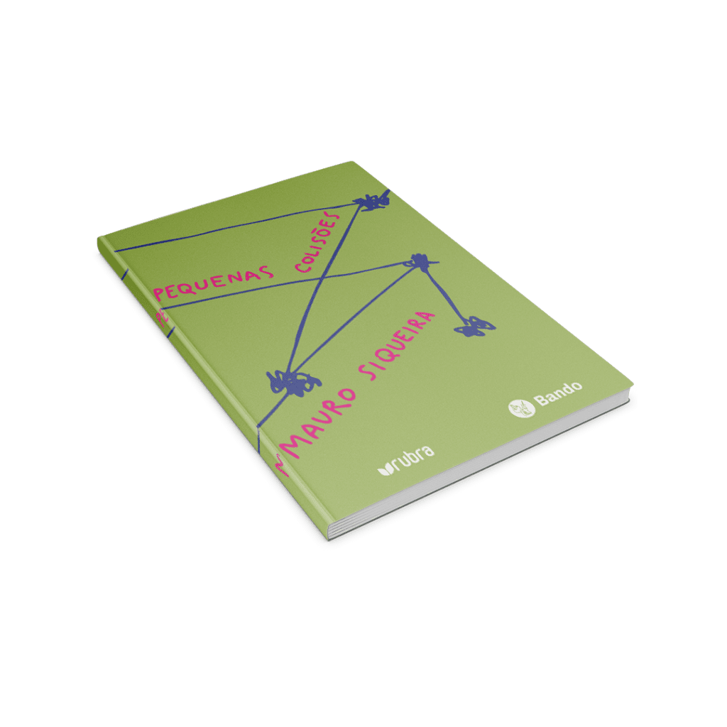 Capa do livro "Pequenas Colisões" de Mauro Siqueira, com fundo verde-claro e traços roxos que conectam pontos com laços. O título e o nome do autor aparecem em letras manuscritas rosa. Logos da Rubra e Bando.